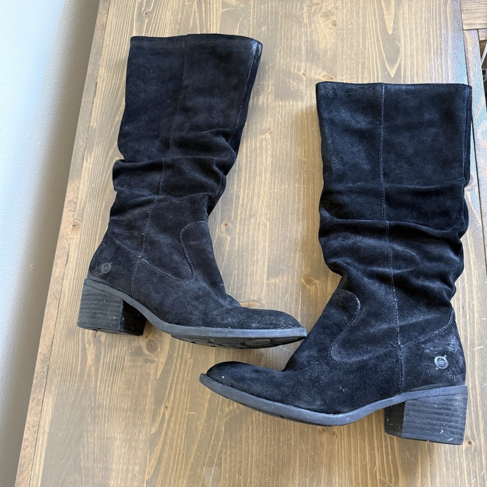 Born Womens 8M‎ Black Suede Doyle Slouchy Mid Calf Fleece Lined Boots Zipper